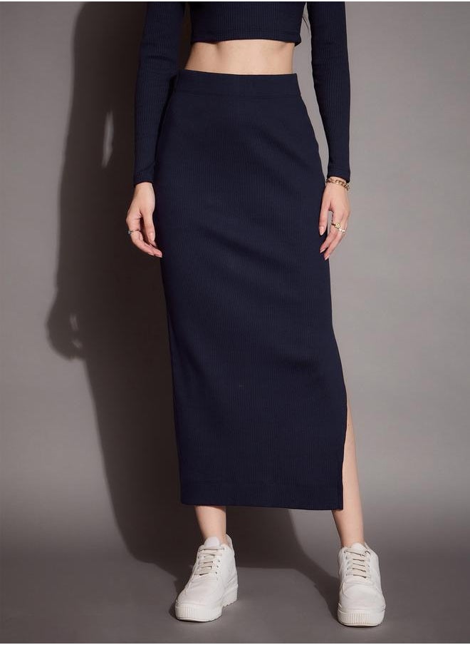 SASSAFRAS - Ribbed Pencil Skirt with Side Slit by Styli - Image 1