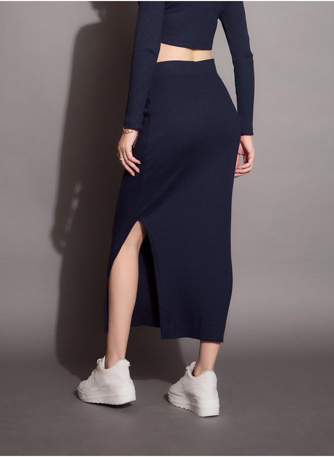 SASSAFRAS - Ribbed Pencil Skirt with Side Slit by Styli - Image 1