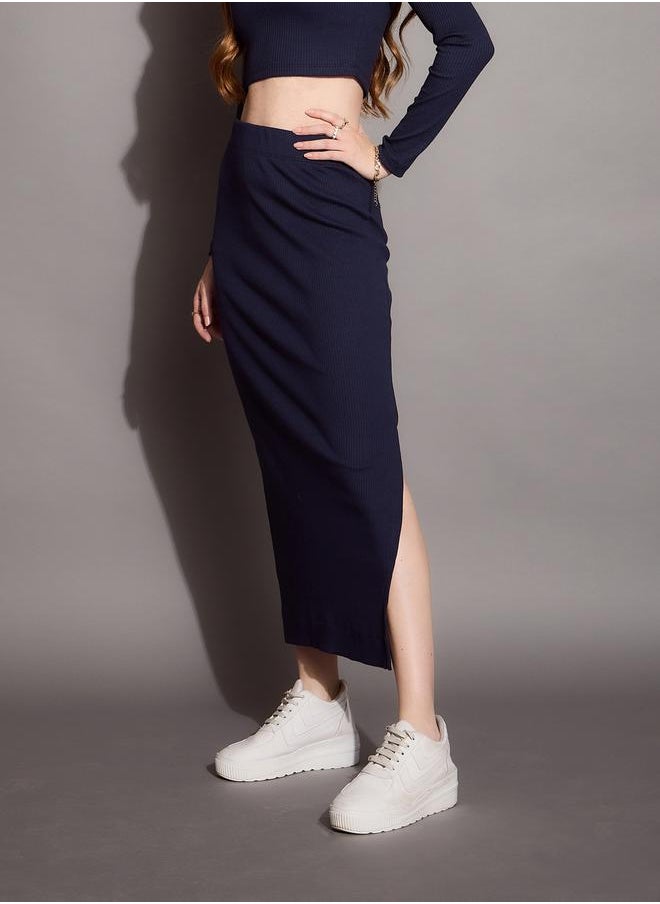 SASSAFRAS - Ribbed Pencil Skirt with Side Slit by Styli - Image 1