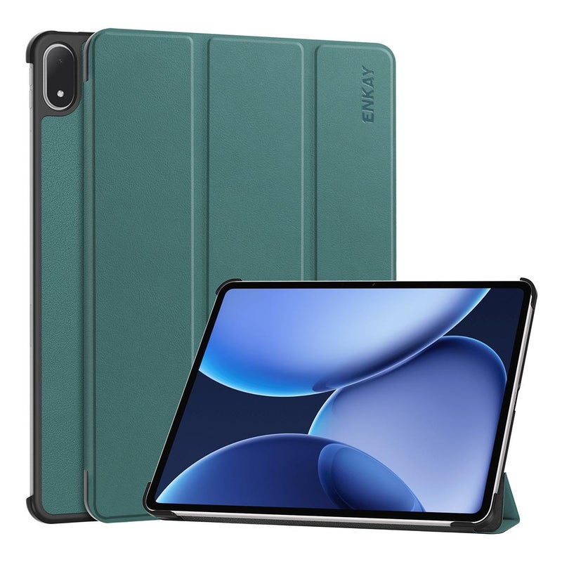 ENKAY For Oneplus Pad 3 / Pad 2 Pro 13.2 Tri-Fold Custer Texture Leather Smart Tablet Case(Dark Green) - Image 1