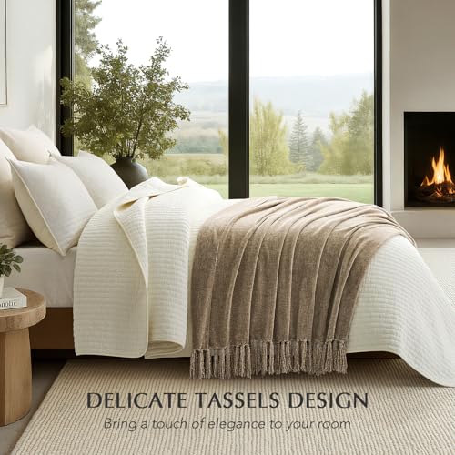 EverGrace Soft Chenille Throw Blanket for Couch Cozy Plush Fuzzy Decorative Chenille Knit Throw Blanket with Tassels Lightweight Blanket and Throws for Bed Sofa Gift Home Decor Beige 50x60 - Image 3