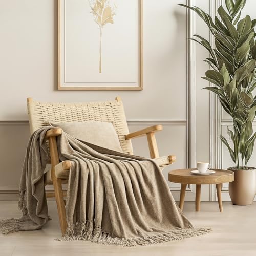 EverGrace Soft Chenille Throw Blanket for Couch Cozy Plush Fuzzy Decorative Chenille Knit Throw Blanket with Tassels Lightweight Blanket and Throws for Bed Sofa Gift Home Decor Beige 50x60 - Image 1