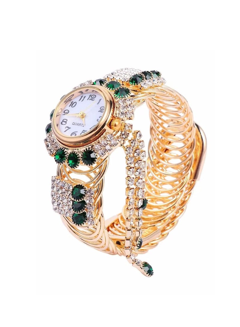 Women's Bangle Watch Quartz Shiny Gold Watch with Crystal Rhinestones Diamonds Wrist Jewelry Fashion Ladies Bracelet Watch Elegant Bracelet Wrist Watch (Green)  - Image 2