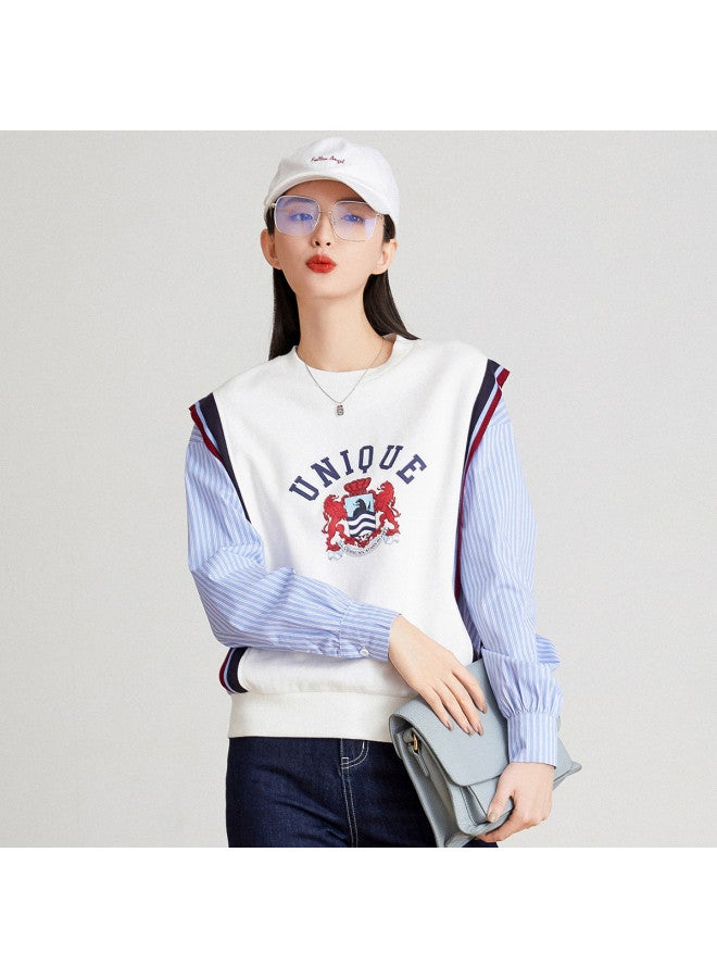 Striped Contrast Panel Mock Two-piece】spring/autumn Letter Print College Style Round Neck Long Sleeve Women's Pullover Hoodie - Image 3