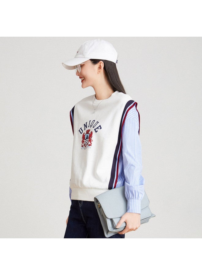 Striped Contrast Panel Mock Two-piece】spring/autumn Letter Print College Style Round Neck Long Sleeve Women's Pullover Hoodie - Image 5