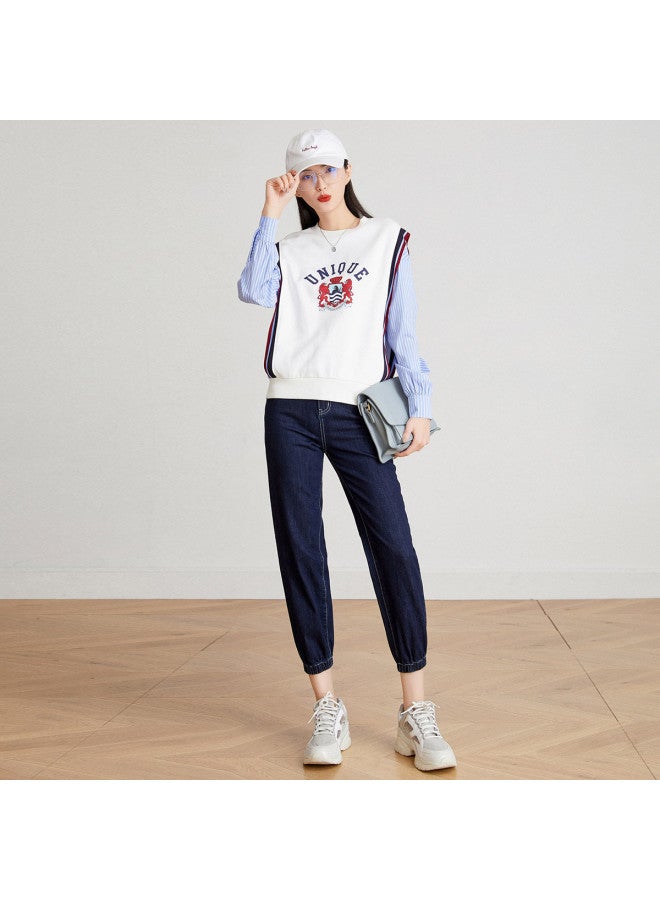 Striped Contrast Panel Mock Two-piece】spring/autumn Letter Print College Style Round Neck Long Sleeve Women's Pullover Hoodie - Image 4