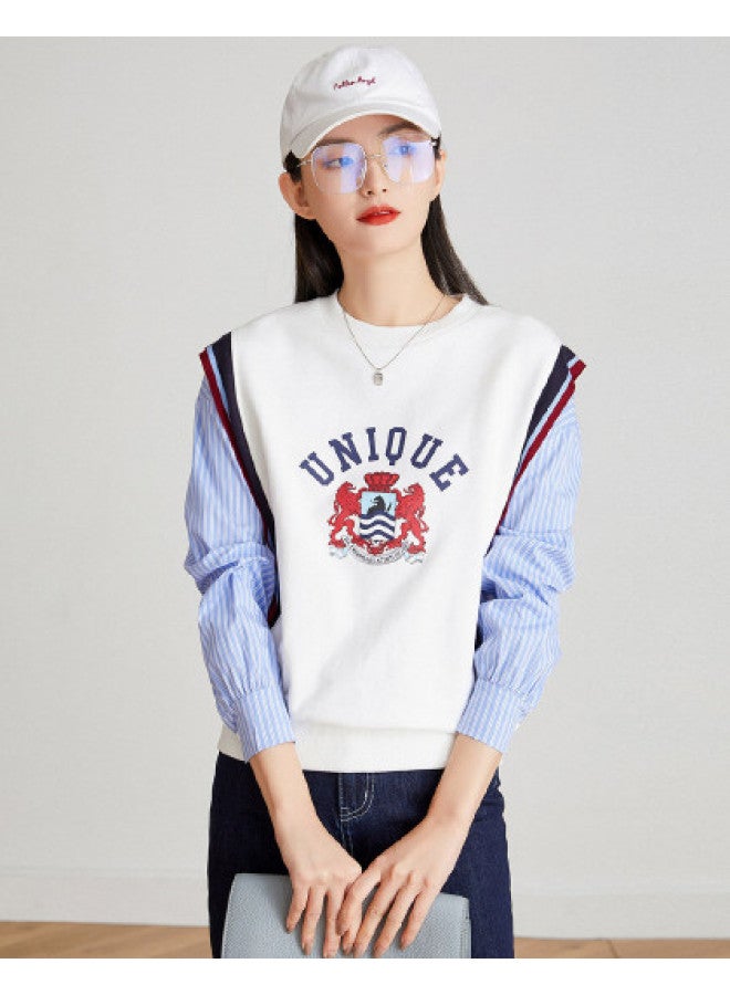 Striped Contrast Panel Mock Two-piece】spring/autumn Letter Print College Style Round Neck Long Sleeve Women's Pullover Hoodie - Image 1
