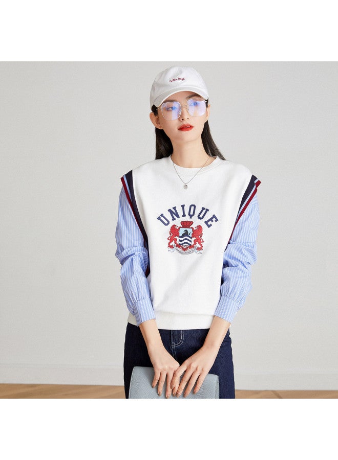 Striped Contrast Panel Mock Two-piece】spring/autumn Letter Print College Style Round Neck Long Sleeve Women's Pullover Hoodie - Image 2