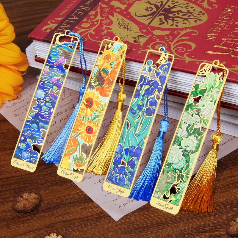 Kinsound 4pcs Metal Bookmarks with Tassel, Golden Van Gogh Monet Oil Painting Theme Cute Book Markers for Reading Women, Men, Kids, Book Lovers, Reading Accessories Gifts for Book Lovers - Image 1
