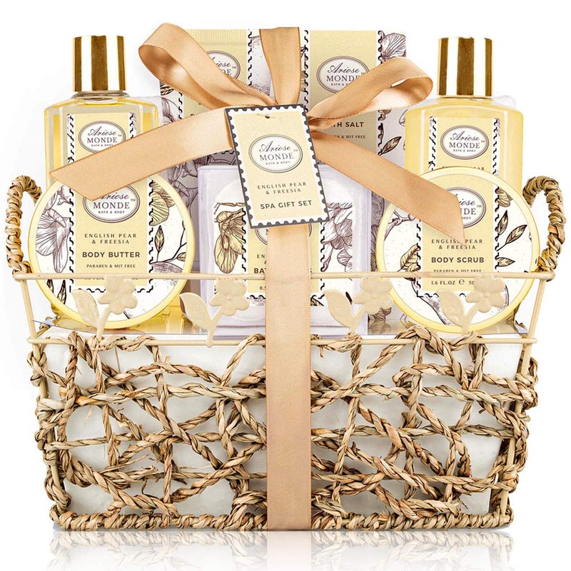 ArioseMonde Bath  Shower Spa Gift Basket Set with English Pear  Freesia Fragrance Bath Gift Basket for Women  Men Includes Body Lotion Shower Gel Bath Salts Bubble Bath Body Scrub and More 9 Pcs