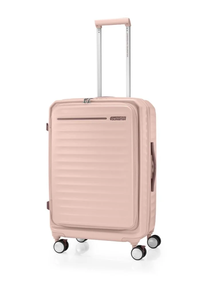 AMERICAN TOURISTER Frontec Suitcase, Check-In Size 68 cm / 25 inch, 4 Spinner Wheels, Hard Top, Polycarbonate, Strawberry|Expandable|Book Opening|2-in-1 Optimov™ + STEPause™ Shock Absorbing Wheels|TSA 008 Lock|DuoSaf™ Security Zipper - 3 Years International Warranty