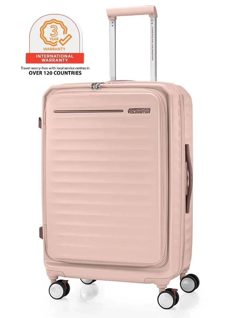 Frontec Suitcase, Check-In Size 68 cm / 25 inch, 4 Spinner Wheels, Hard Top, Polycarbonate, Strawberry|Expandable|Front Laptop Compartment|PlentiVol™ Book Opening|2-in-1 Optimov™ + STEPause™ Shock Absorbing Wheels|TSA 008 Lock|DuoSaf™ Security Zipper - 3 Years International Warranty