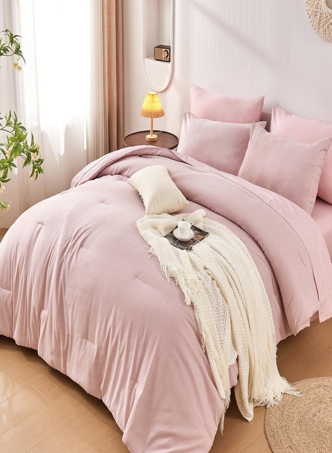 DECMAY Pink Full Comforter Set 7 Pieces, Soft Fluffy All Season Bed in a Bag, Lightweight Cationic Solid Color Bedding Set for Girls Teens College Dorm, with Sheets, Pillowcase & Sham - Image 1