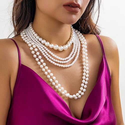 Jumwrit Boho 6pcs Layered Pearl Choker Necklace Dainty Chunky Chain Multi Strand Big Round Pearl Beaded Necklace Vintage Party Long Necklace Statement 1920s Flapper Accessories for Women - Image 2