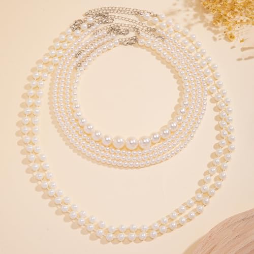 Jumwrit Boho 6pcs Layered Pearl Choker Necklace Dainty Chunky Chain Multi Strand Big Round Pearl Beaded Necklace Vintage Party Long Necklace Statement 1920s Flapper Accessories for Women - Image 4