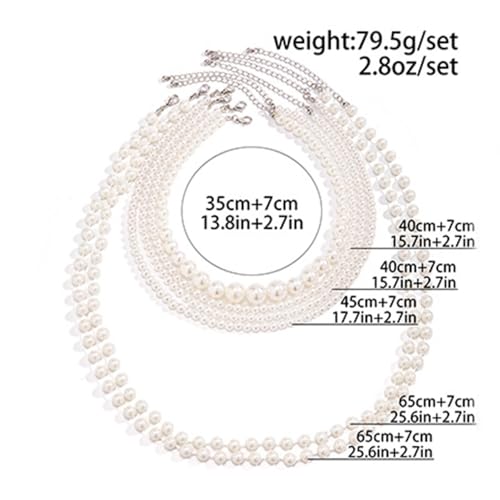 Jumwrit Boho 6pcs Layered Pearl Choker Necklace Dainty Chunky Chain Multi Strand Big Round Pearl Beaded Necklace Vintage Party Long Necklace Statement 1920s Flapper Accessories for Women - Image 5