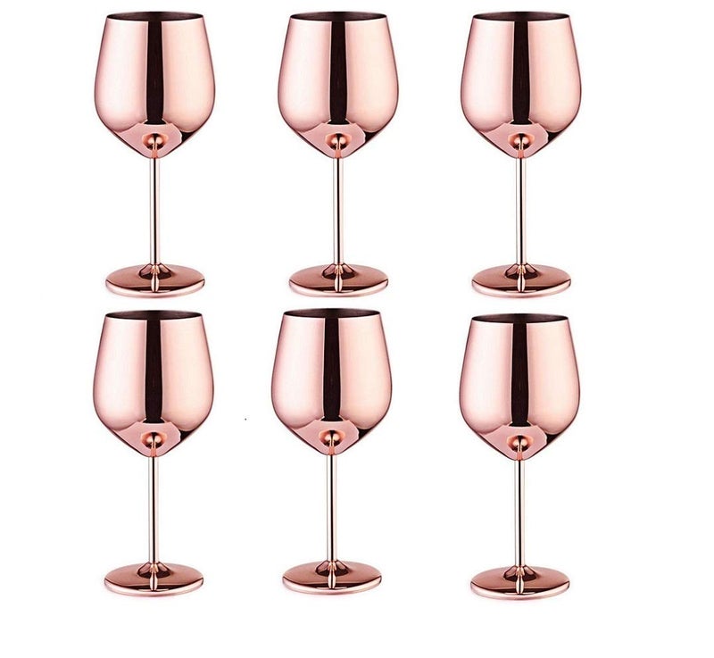 NJ Stainless Steel Stemmed Wine Glasses Shatter Proof Copper Coated Unbreakable Wine Glass Goblets Gift for Men and Women Party Supplies 350 ml Set of 6 Pcs  - Image 1