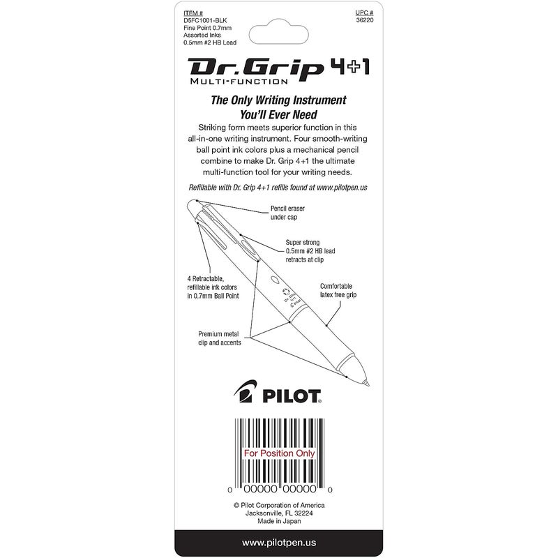 PILOT Dr. Grip 4+1 Multi-Function Refillable & Retractable Ballpoint Pen + Pencil, Fine Point, Black Barrel, Black/Red/Blue/Green Inks, Single Pen (36220)
