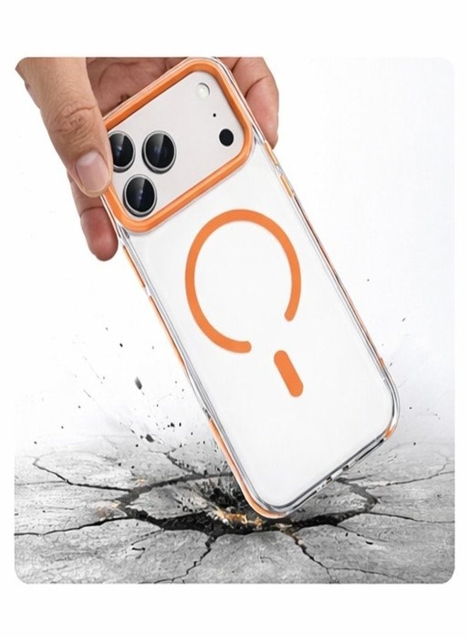 في آر كرييتيف جراب MagSafe شفاف لهاتف Apple iPhone 17 Pro مع حافة برتقالية وإطار للكاميرا، غطاء خلفي مقاوم للصدمات وشفاف - Image 1