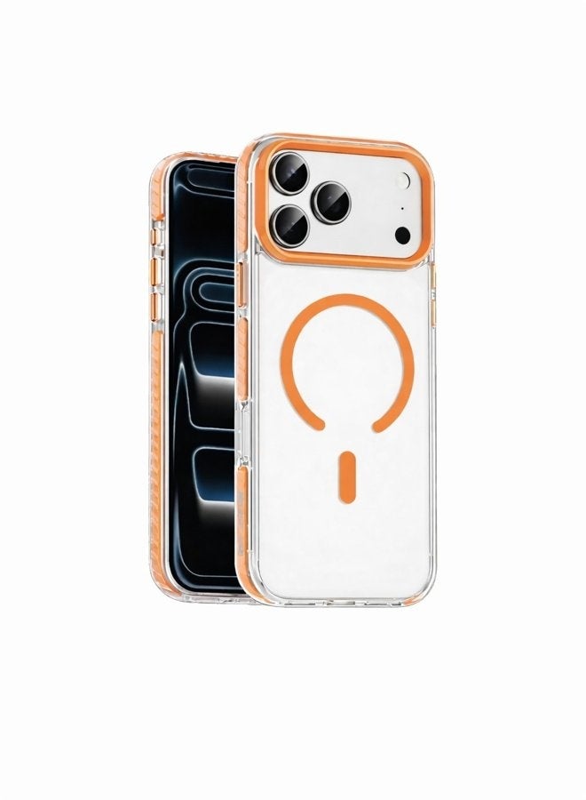 في آر كرييتيف جراب MagSafe شفاف لهاتف Apple iPhone 17 Pro مع حافة برتقالية وإطار للكاميرا، غطاء خلفي مقاوم للصدمات وشفاف - Image 4