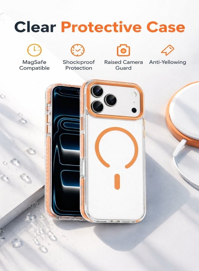 في آر كرييتيف جراب MagSafe شفاف لهاتف Apple iPhone 17 Pro مع حافة برتقالية وإطار للكاميرا، غطاء خلفي مقاوم للصدمات وشفاف - Image 3