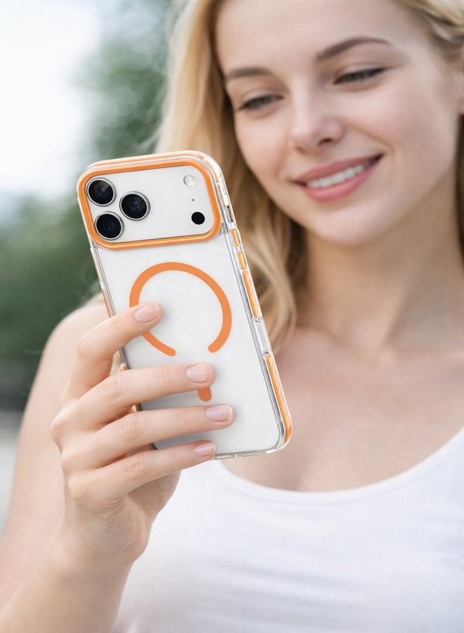 في آر كرييتيف جراب MagSafe شفاف لهاتف Apple iPhone 17 Pro مع حافة برتقالية وإطار للكاميرا، غطاء خلفي مقاوم للصدمات وشفاف - Image 2