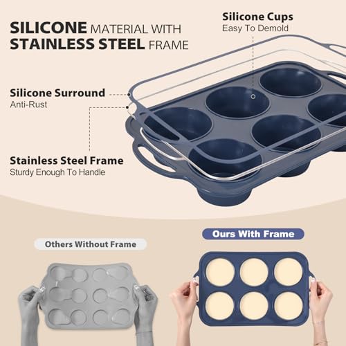 Vnray Jumbo Silicone Muffin Pan with Metal Frame, Non Stick Silicone Cupcake Pan with Handles 6 Cup, BPA Free Silicon Muffin Tin Tray Extra Large for baking, egg bites, Cupcake Mold Grey - Image 3