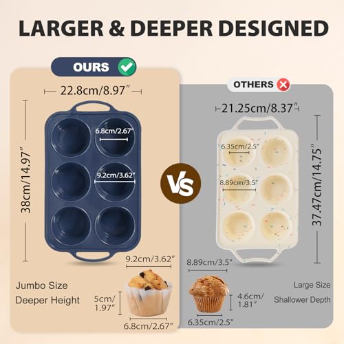 Vnray Jumbo Silicone Muffin Pan with Metal Frame, Non Stick Silicone Cupcake Pan with Handles 6 Cup, BPA Free Silicon Muffin Tin Tray Extra Large for baking, egg bites, Cupcake Mold Grey - Image 2