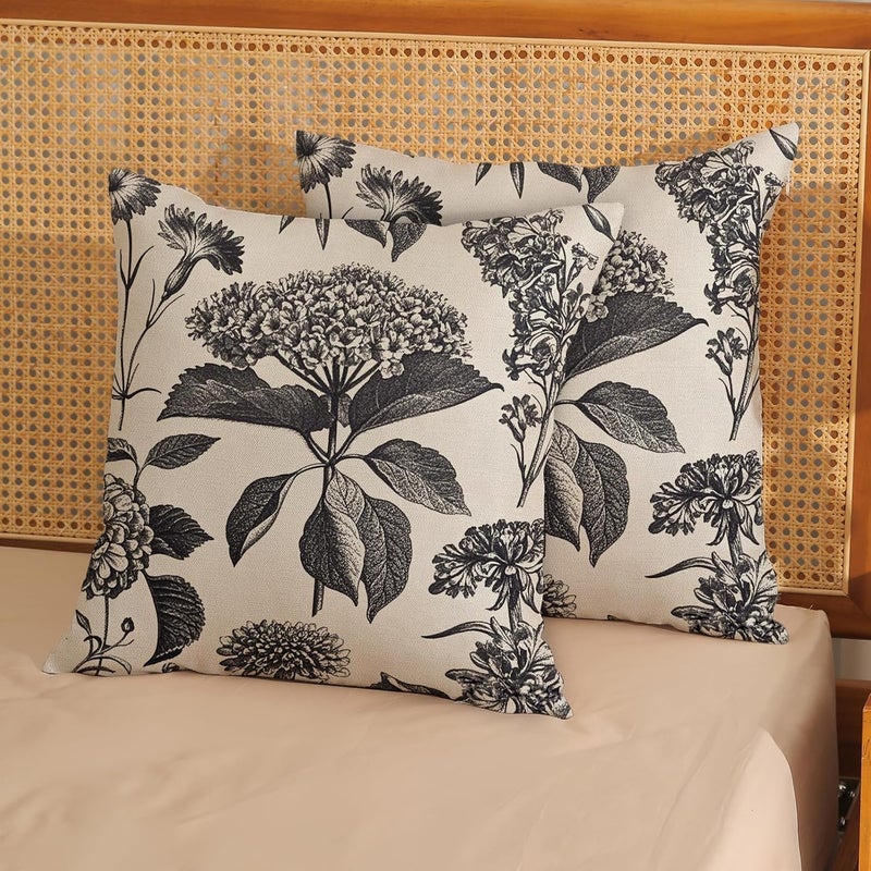 GOLIANDA Black Pillow Covers 20x20 Set of 2 Vintage Boho Floral Hydrangea Herbs Botanical Throw Pillow Cover Outdoor Flower Decoration Pillowcase Linen Farmhouse Cushion Case Decorative for Couch Sofa - Image 3