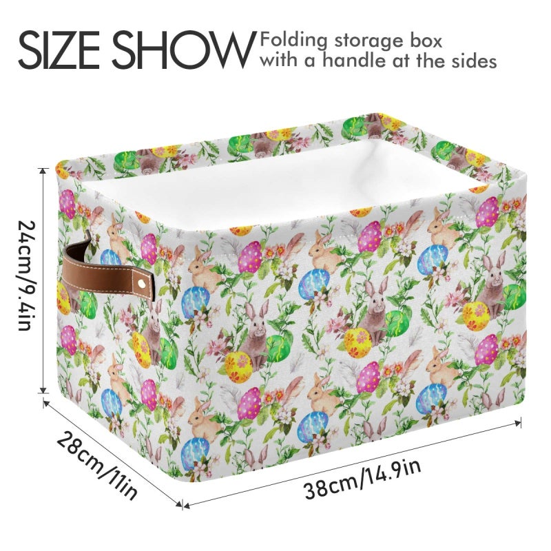 senya Easter Basket Storage  Box with Handles Easter Bunny Eggs in Grass Flowers Fabric Collapsible Storage Bins Organizer Bag Large Foldable for Storage Toy Storage 15 x 11 x 9.5 inch - Image 5