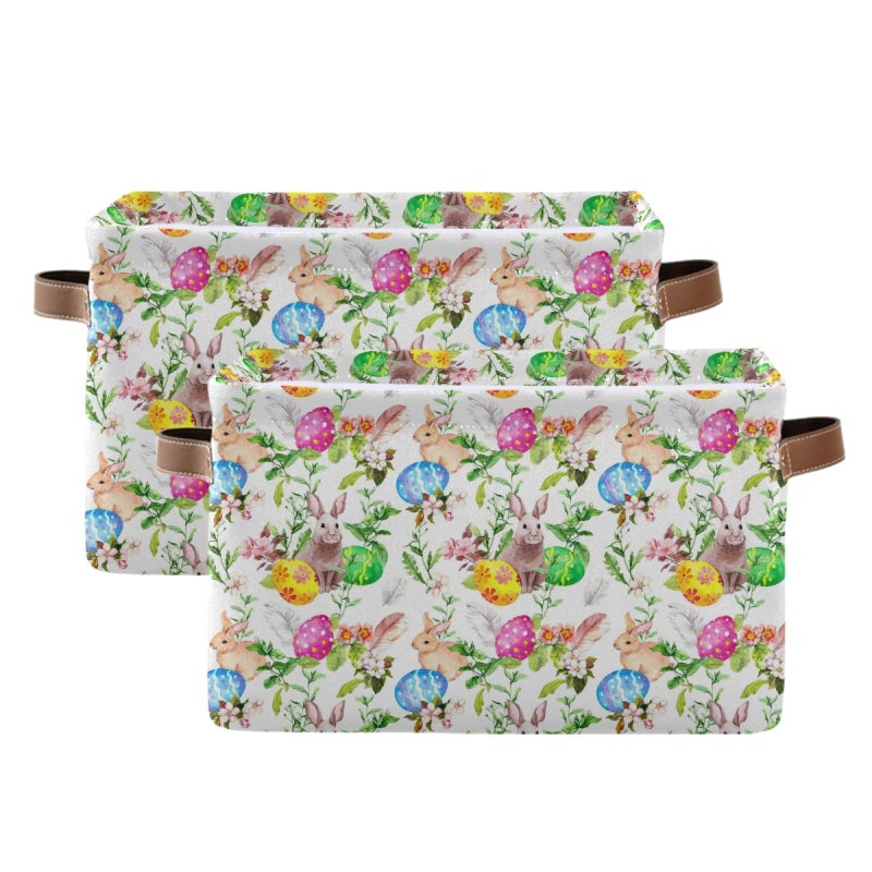 senya Easter Basket Storage  Box with Handles Easter Bunny Eggs in Grass Flowers Fabric Collapsible Storage Bins Organizer Bag Large Foldable for Storage Toy Storage 15 x 11 x 9.5 inch - Image 3