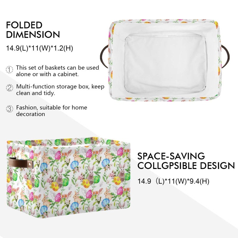 senya Easter Basket Storage  Box with Handles Easter Bunny Eggs in Grass Flowers Fabric Collapsible Storage Bins Organizer Bag Large Foldable for Storage Toy Storage 15 x 11 x 9.5 inch - Image 4