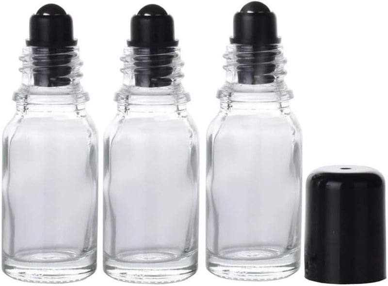 XINGZI 3Pcs 30ML Clear Glass Empty Refillable Roll-On Bottles with Stainless Steel Roller Ball and Black Cap Essential Oil Perfume Eye Essence Fluid Cosmetic Containers Dispense Sample Vials for Beauty 