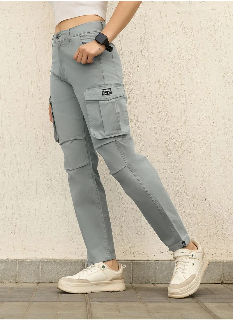 هوبرهولمي Sage Green High-Rise Cargo Trousers for Women, Straight Fit, Stretch Cotton