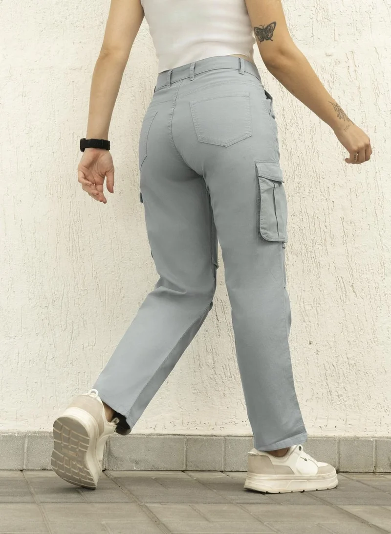 Hubberholme Sage Green High-Rise Cargo Trousers for Women, Straight Fit, Stretch Cotton