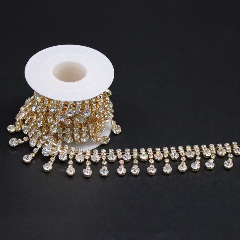 Jerler Gold Rhinestone Tassel Fringe Trim Crystal Close Chain Applique for Sewing Crafts Ideal Wedding Party Clothing DIY Decoration 1 Yard 087 W