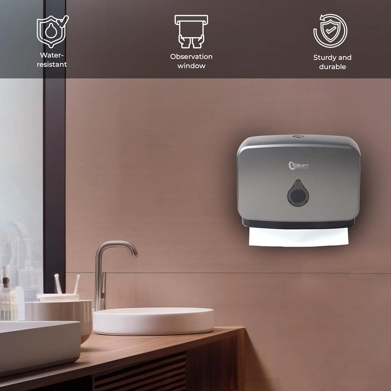 Robustt WallMounted VNM Fold Paper Hand Towel Dispenser Grey with 4 Adhesive Hooks Large Capacity Durable ABS Material WaterResistant Push Button Lock Pack of 1 - Image 3