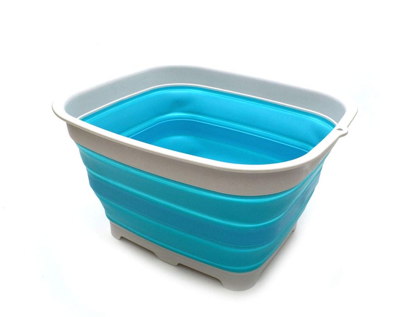 SAMMART 15L 39 Gallon Collapsible Plastic Dishpan with Draining Plug  Foldable Washing Basin  Dish Washing Tub  Washing Up Bowl  Space Saving Kitchen Storage Tray 1 Bright Blue