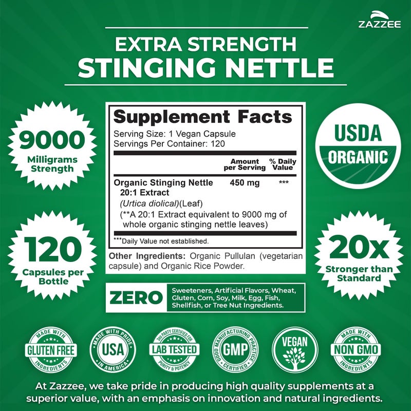 Zazzee USDA Organic Stinging Nettle 20:1 Extract, 9000 mg Strength, 120 Vegan Capsules, 4 Month Supply, Concentrated, Standardized 20X Extract, Certified Organic, 100% Vegetarian, All-Natural, Non-GMO - Image 3
