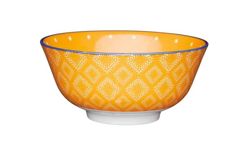 KitchenCraft Set of 4 Glazed Stoneware Bowls for thinKitchen:, Spotty/Textile Pattern, Bright Orange Ceramic Bowls with Footed Base, Microwave & Dishwasher Safe, 15.7 cm - Image 1