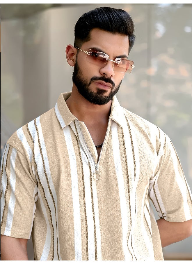 Maniac Mens Striped Polo Neck 3/4th Sleeve Beige Half Zipper Cotton T-Shirt  - Image 1