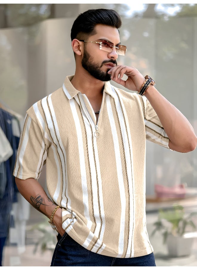 Maniac Mens Striped Polo Neck 3/4th Sleeve Beige Half Zipper Cotton T-Shirt  - Image 3
