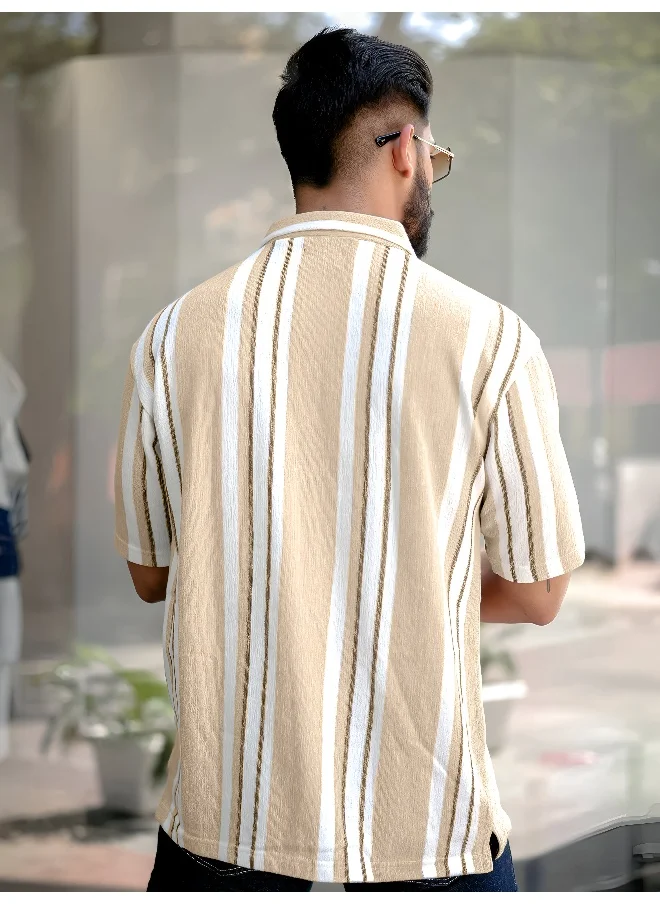 مانياك Mens Striped Polo Neck 3/4th Sleeve Beige Half Zipper Cotton T-Shirt