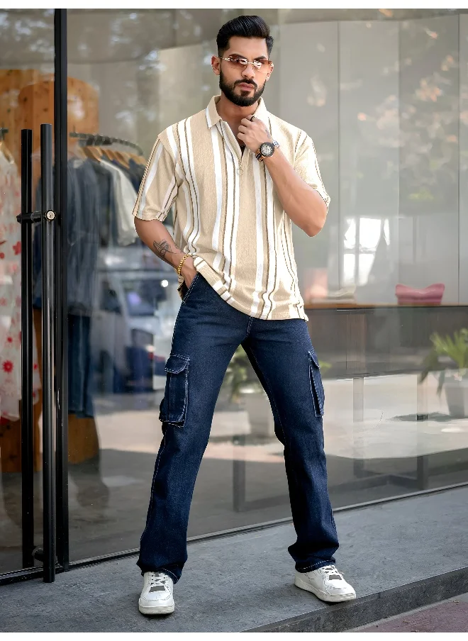 مانياك Mens Striped Polo Neck 3/4th Sleeve Beige Half Zipper Cotton T-Shirt