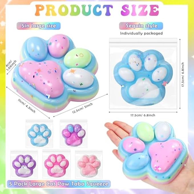 Arrowbash 5 Pack Large Cat Paw Taba Squeeze, 5 Inch Handmade Taba Soft Big Cat Paw Silicone Squeeze, Quick Rebound Stress Relief for Adults Office Relaxation Birthday Gifts (Sequin) - Image 2