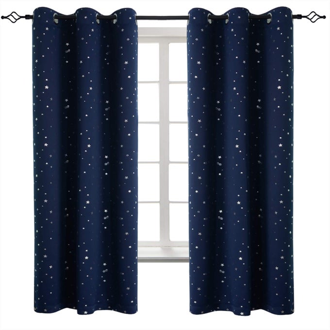 KIDS BLACKOUT CURTAINS FOR BOYS BEDROOM STAR CURTAINS THERMAL INSULATED GROMMET WINDOW DRAPES FOR NURSERY SET OF 2 PANELS 42 X 63 INCH NAVY BLUE
