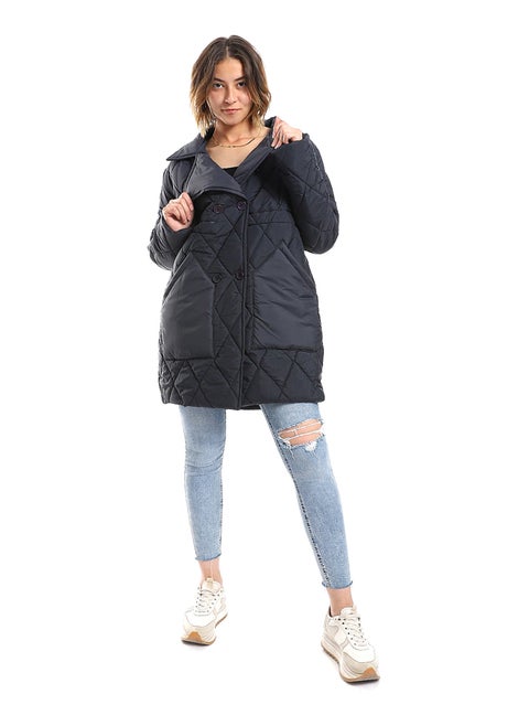 Double Breasted Button Plain Navy Blue Puffer Jacket_Blue