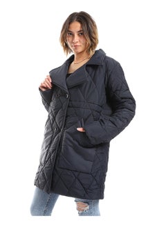 Andora Double Breasted Button Plain Navy Blue Puffer Jacket_Blue  - Image 5