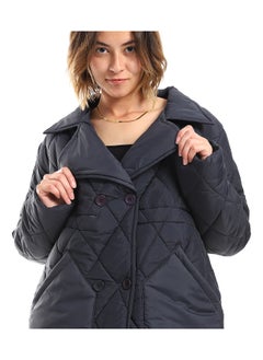 Andora Double Breasted Button Plain Navy Blue Puffer Jacket_Blue  - Image 4
