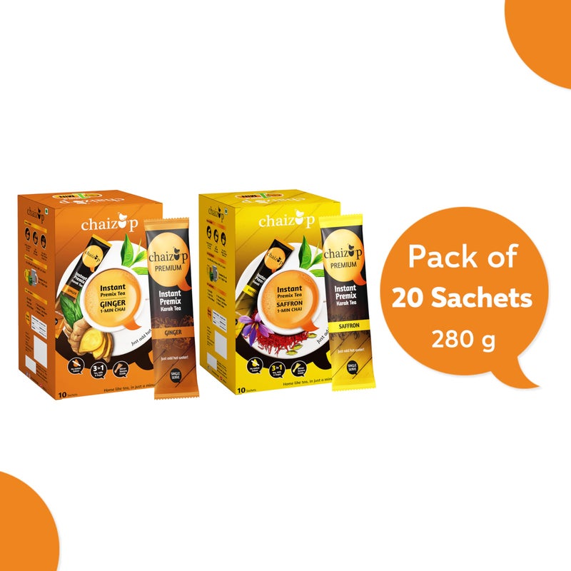 Chaizup Premium 1 Min Instant Assorted Tea Pack - 20 Sachets | Ginger & Saffron Flavours | 20 Servings | 2 Packs (10 Flavours Each) | 280g - Image 2